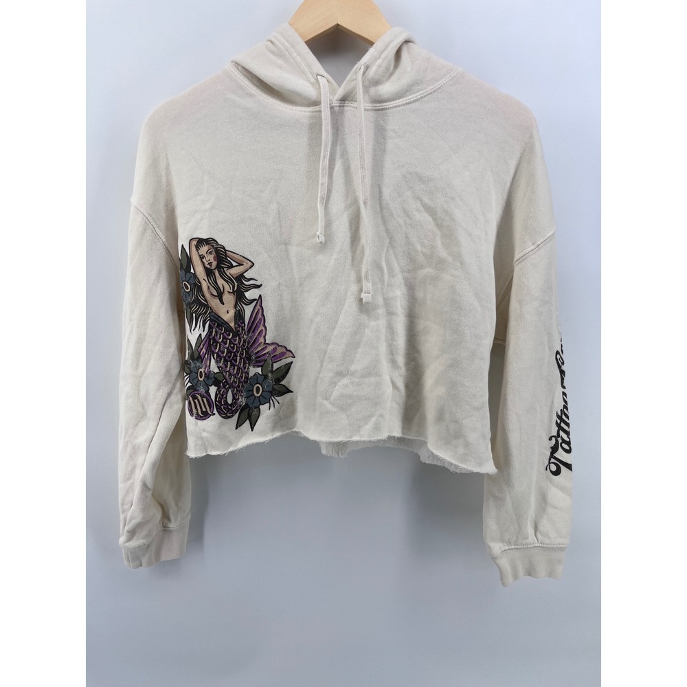 Hart & Huntington Mermaid Tattoo Graphic Cropped Hoodie Cream Large